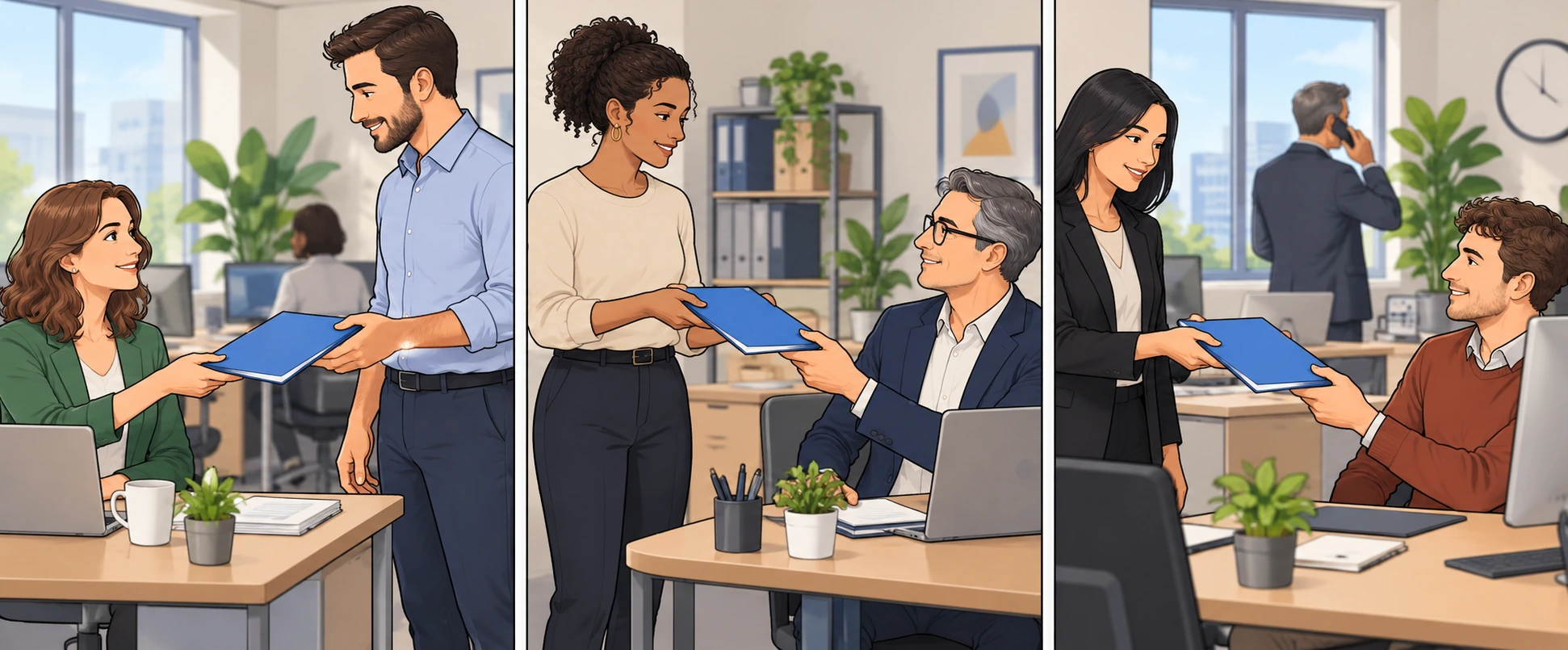 Three office scenes: different people hand a blue folder to a colleague; someone uses a phone in the third background.