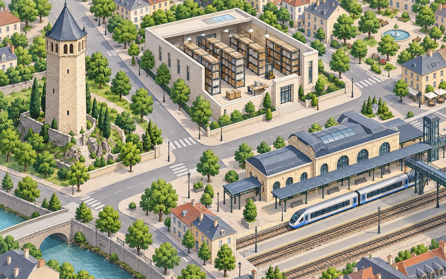 Veduta di una città con torre, magazzino di scatole, stazione con treno e ponte sul fiume.