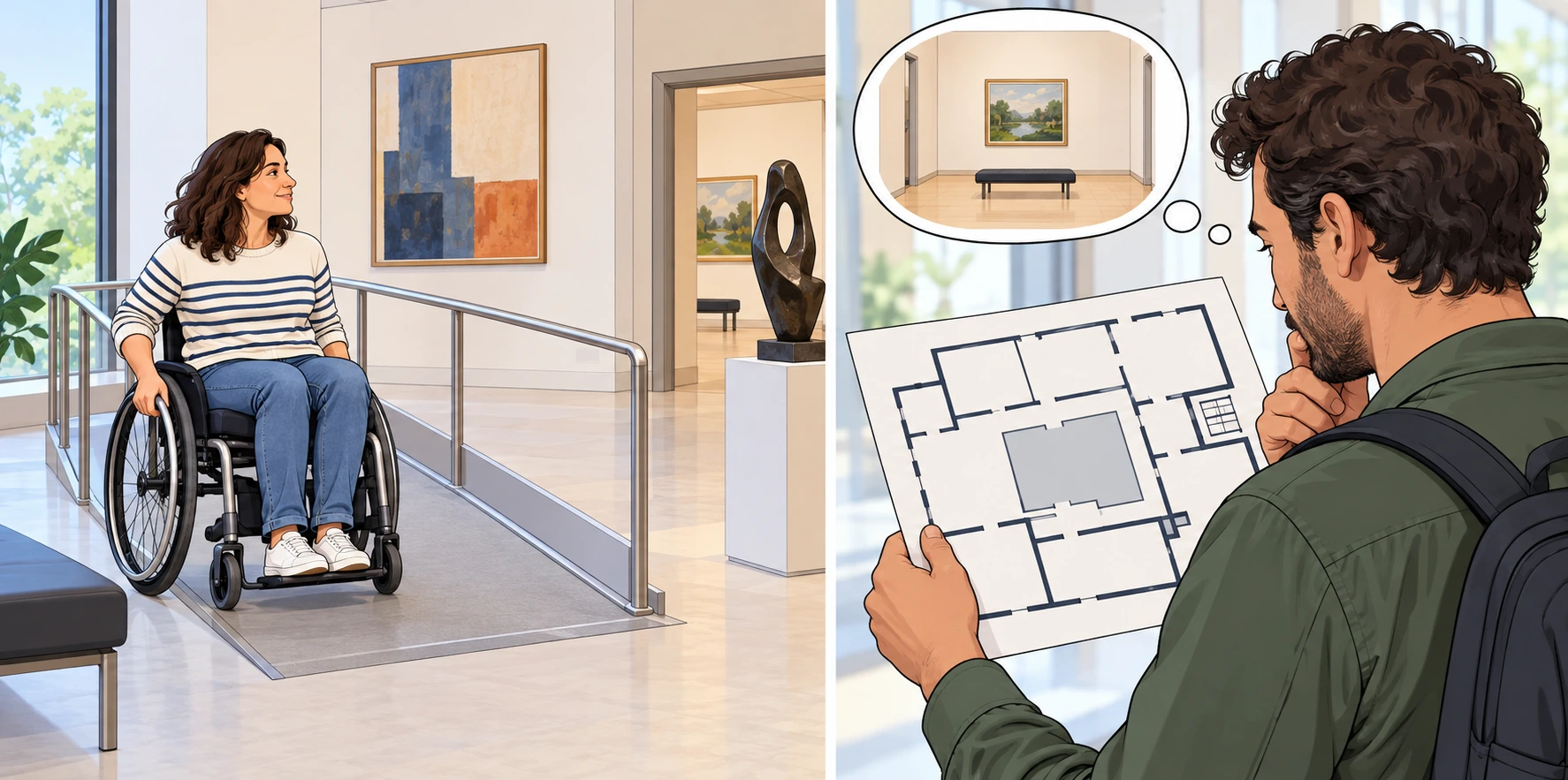 A woman in a wheelchair is beside a museum ramp; a man studies a floor plan and imagines a room.