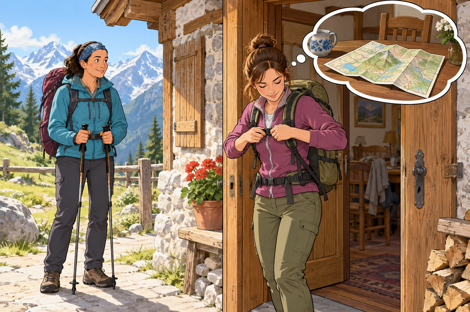 Due escursioniste davanti a un rifugio; una sistema lo zaino e pensa a una mappa rimasta sul tavolo.