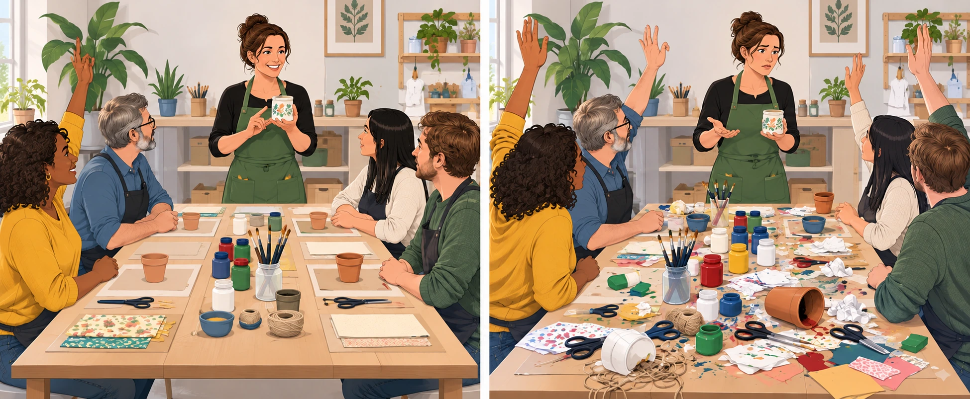 Dois momentos de uma oficina: primeiro a mesa está organizada e há uma mão levantada; depois há várias mãos e materiais espalhados.