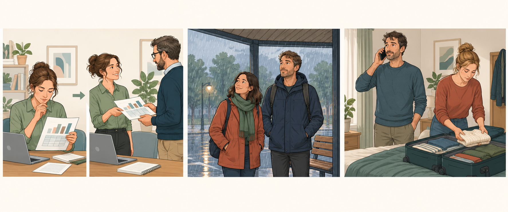 Three scenes: a woman checks a report and hands it to a man; two people shelter from rain; a man makes a phone call while a woman packs a sweater in a suitcase.