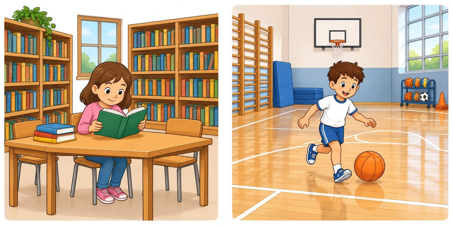 A sinistra biblioteca con libri e lettura; a destra palestra con palloni e gioco.