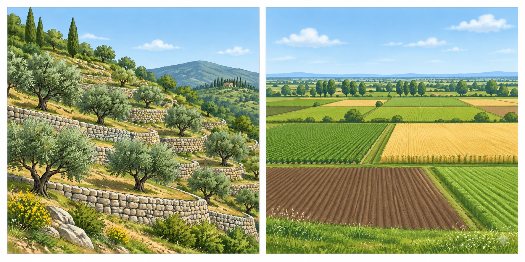 A sinistra pendio agricolo con terrazze e muretti; a destra pianura con campi rettangolari.