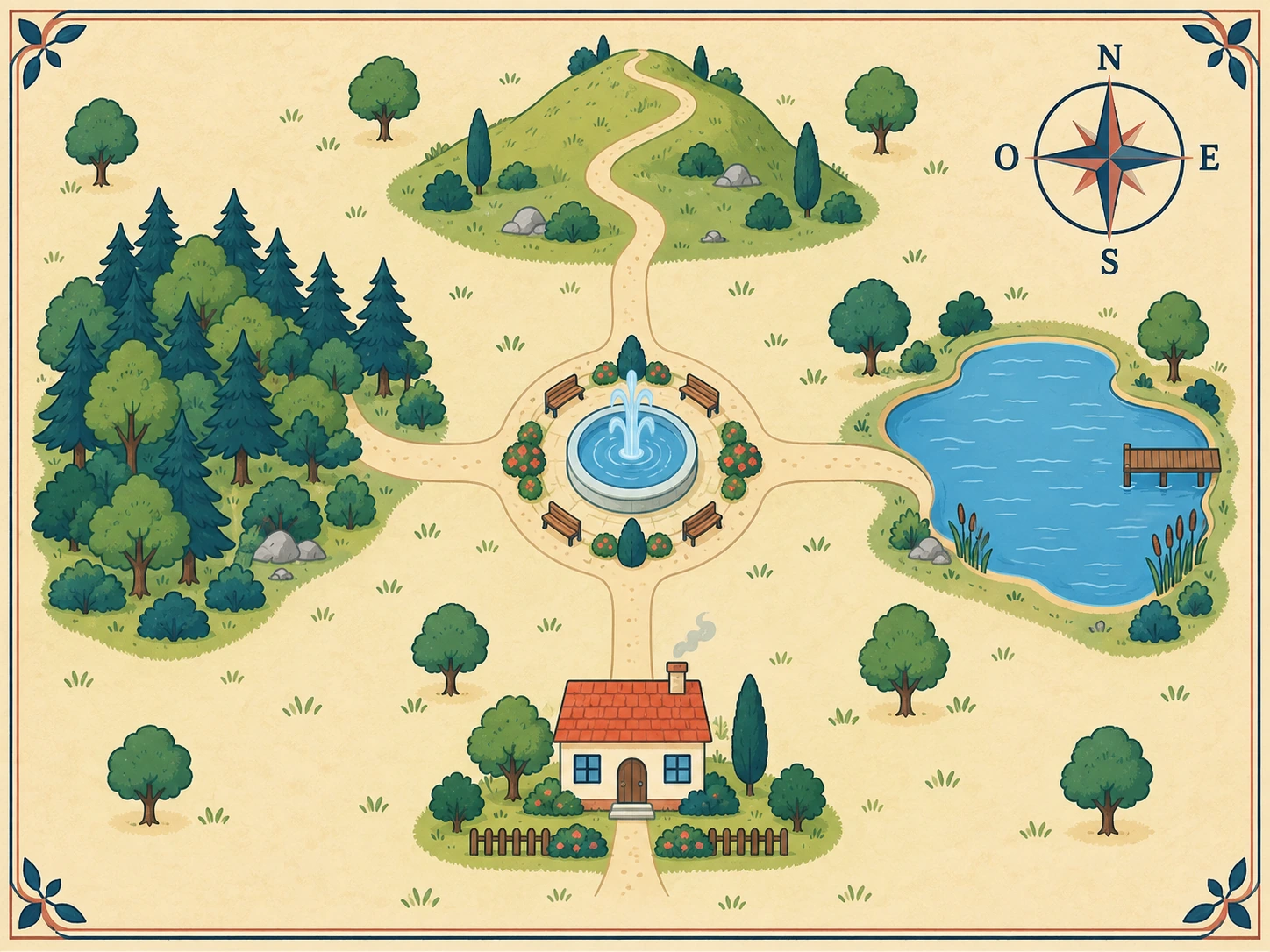 Pianta con rosa N-E-S-O: collina a nord, lago a est, casa a sud e bosco a ovest della fontana centrale.