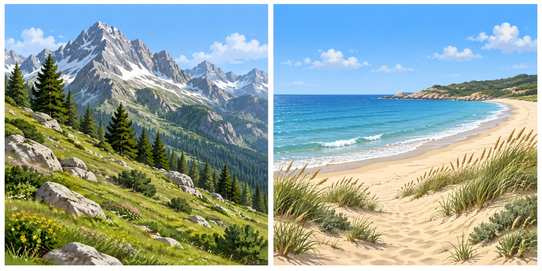 Due paesaggi generici: montagna rocciosa con prato e conifere; costa sabbiosa con mare e vegetazione di dune.