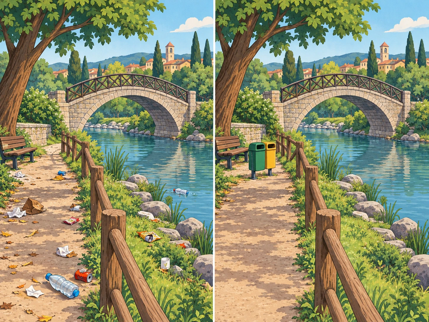 Due scene didattiche dello stesso ponte: prima rifiuti sul prato e vicino all'acqua, dopo area ripulita con cestini.