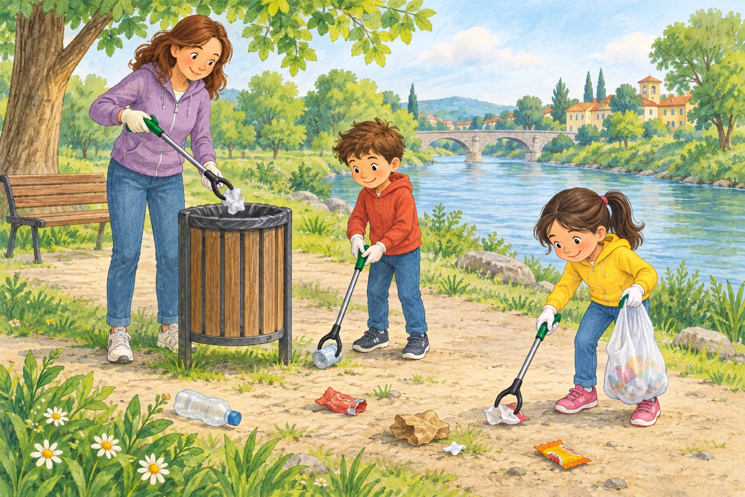 Parco fluviale inventato: rifiuti sul sentiero e un'adulta con due bambini che li raccolgono con pinze e cestino.