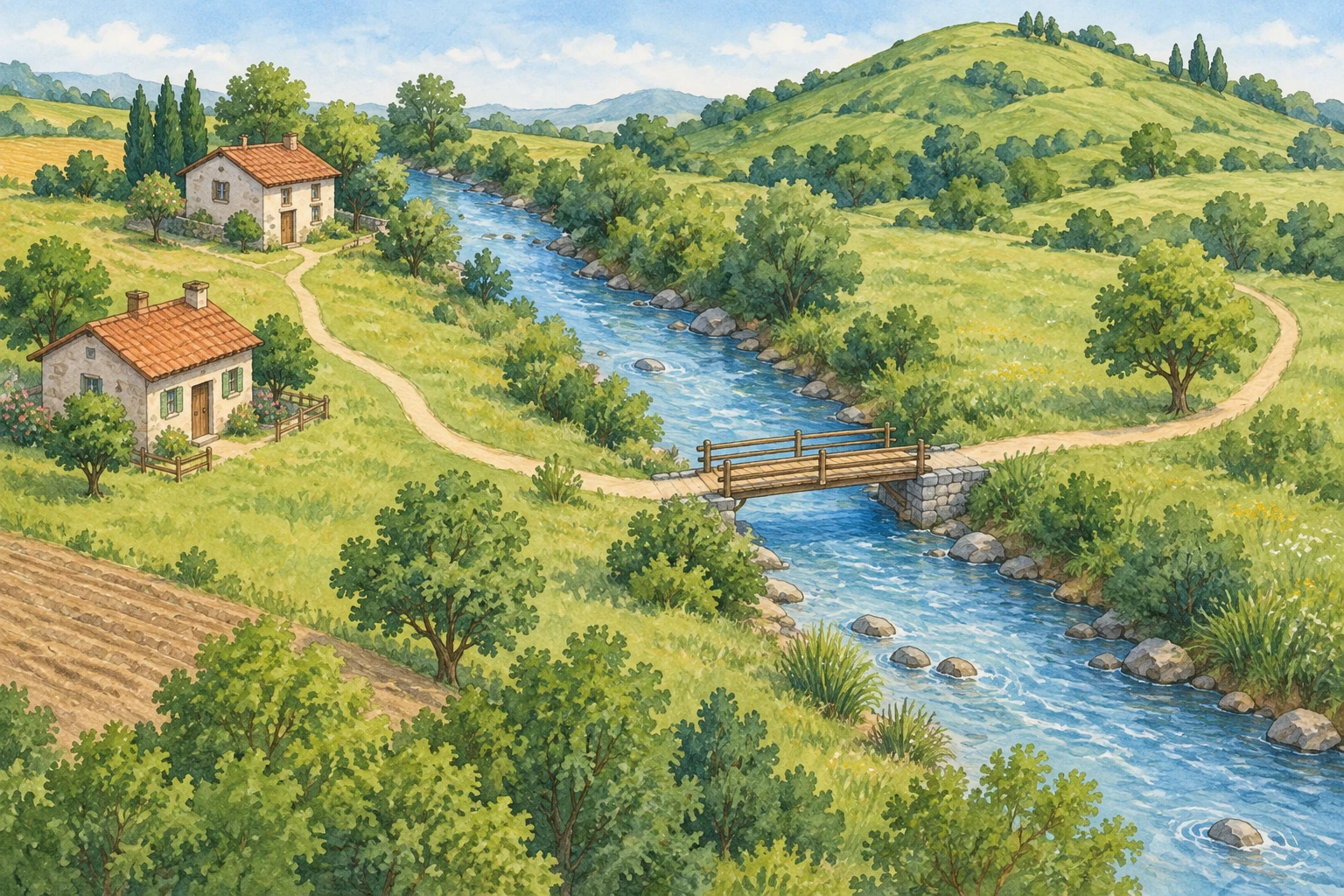 Paesaggio illustrato con torrente, collina, due case, sentiero e un ponte tra le rive.