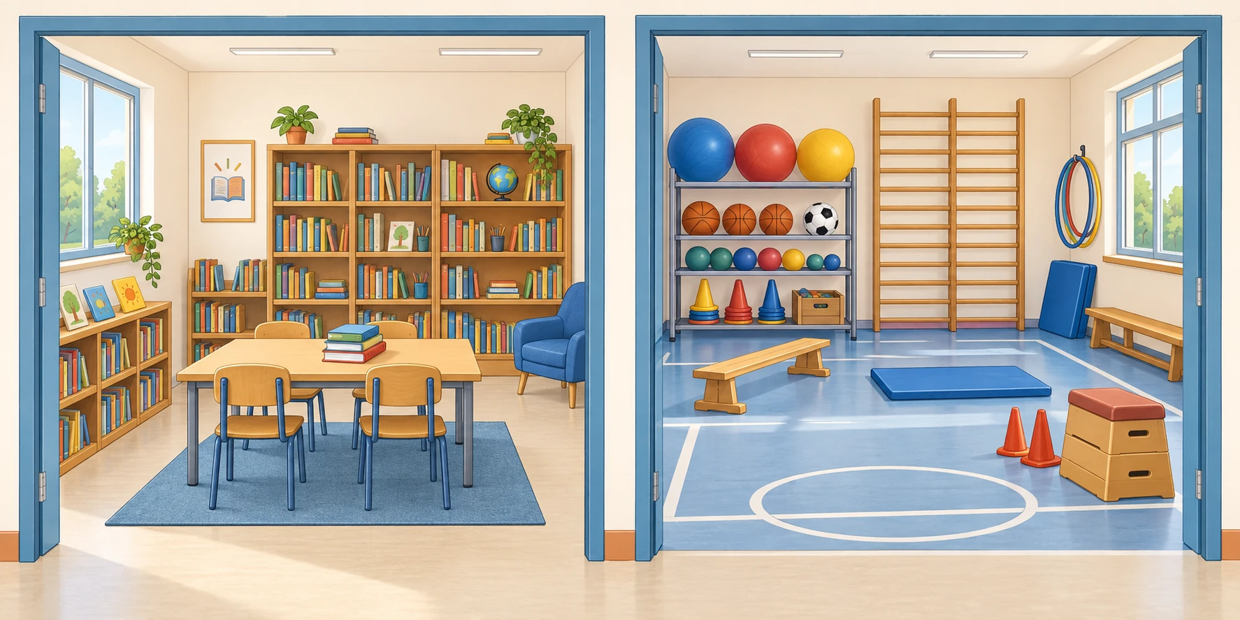 Due stanze della scuola viste di lato, una con libri e una con attrezzi sportivi.