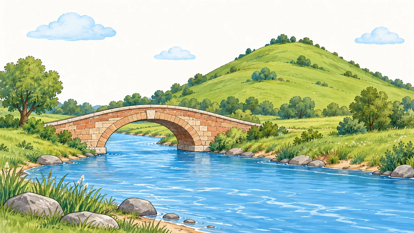 Paesaggio semplice con fiume, collina e ponte chiaramente separati.