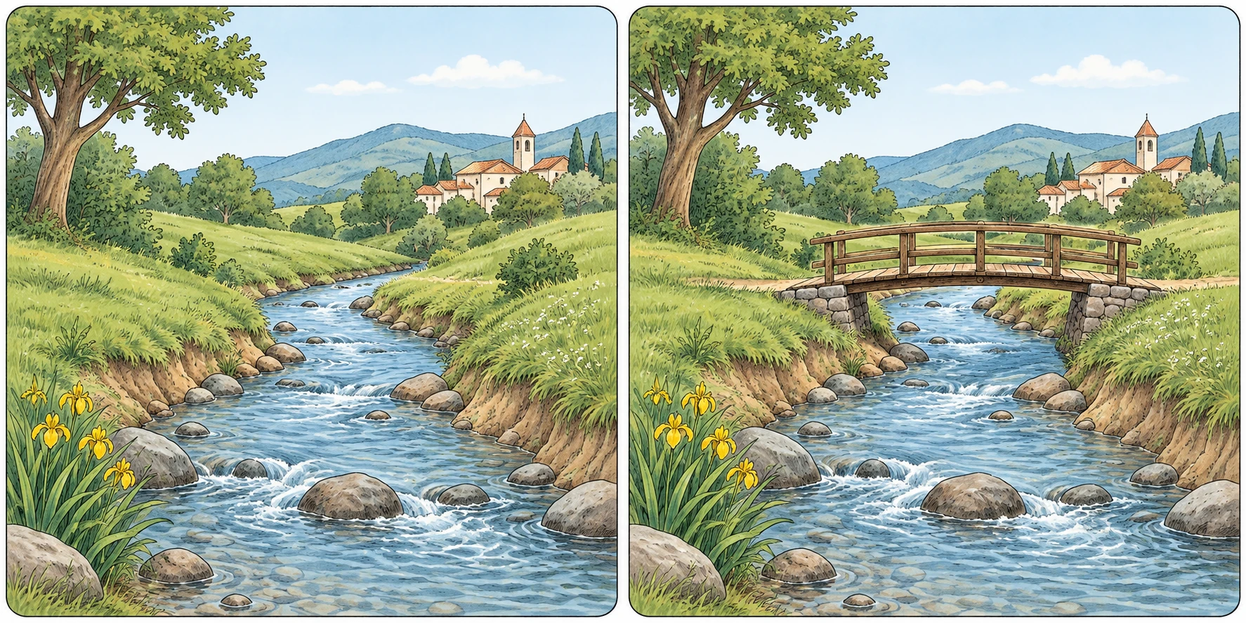 Prima e dopo di un torrente con stessa prospettiva; ponte solo nel secondo pannello.