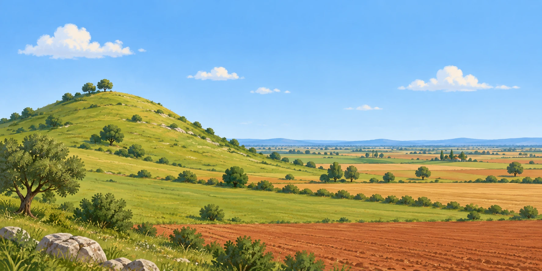 Panorama inventato con collina e pianura contigue, profilo del terreno chiaro.