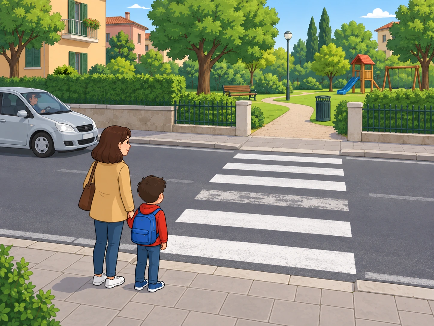 Quartiere inventato: adulta e bambino aspettano sul marciapiede, auto ferma prima delle strisce verso il parco, una banda scolorita.