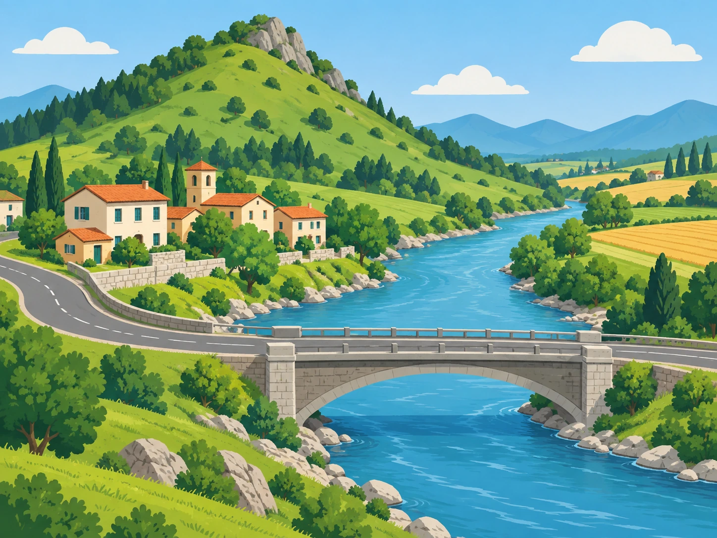 Valle con collina e fiume; ponte e strada attraversano l'acqua verso case sulla riva.