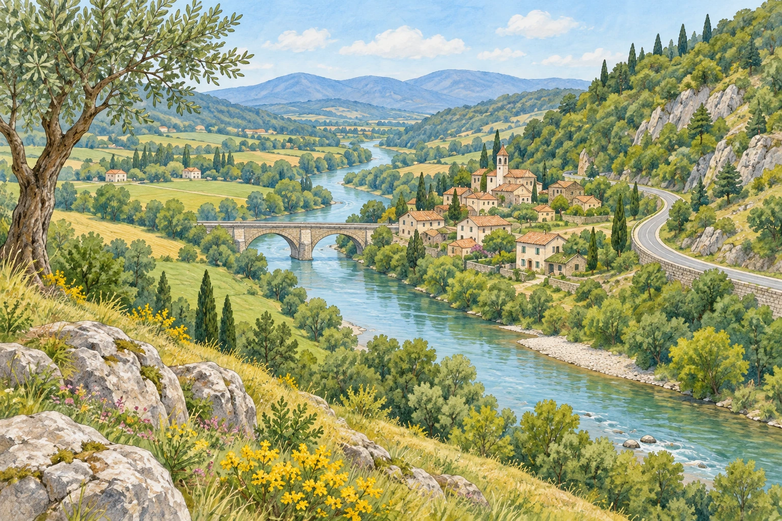 Paesaggio inventato con fiume, collina boscosa, ponte, strada e piccolo abitato.