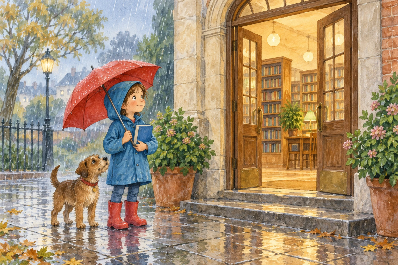 Una bambina con impermeabile blu e ombrello rosso, un cane e un libro blu davanti all'ingresso di una biblioteca mentre piove.