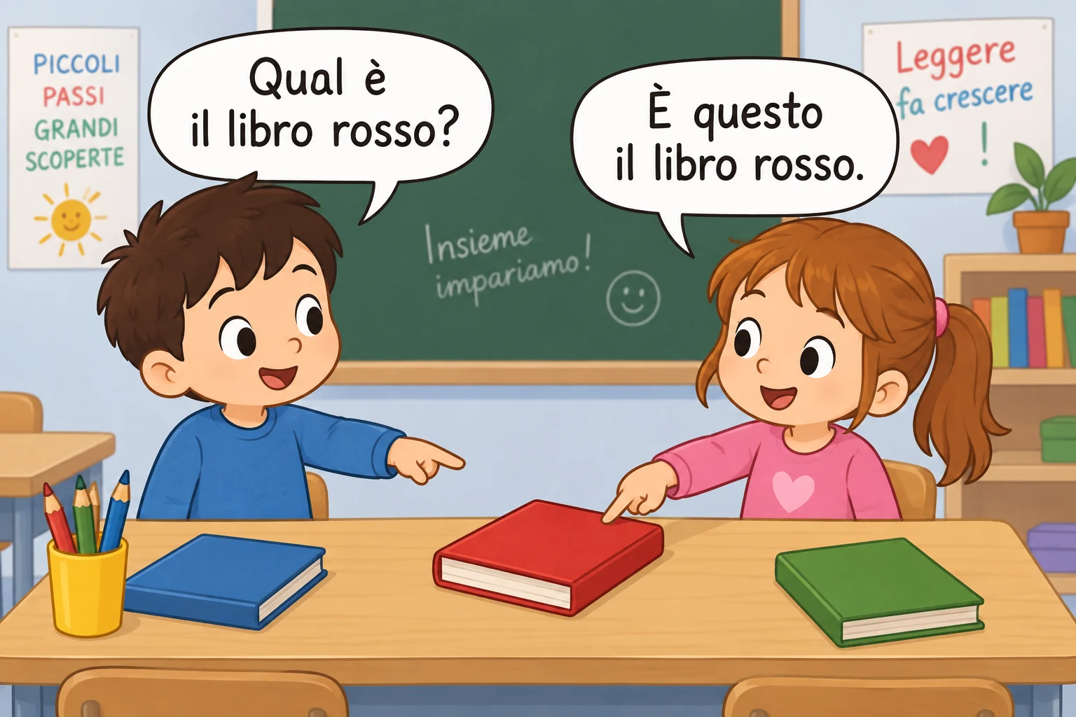 Due bambini parlano; la bambina indica il libro rosso al centro del tavolo.