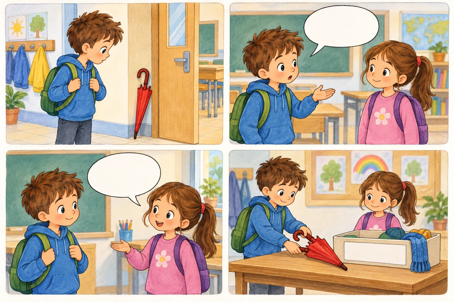 Quattro vignette: bambino trova un ombrello rosso, dialoga con una compagna in fumetti vuoti e lo appoggia su un tavolo accanto a una cassa.