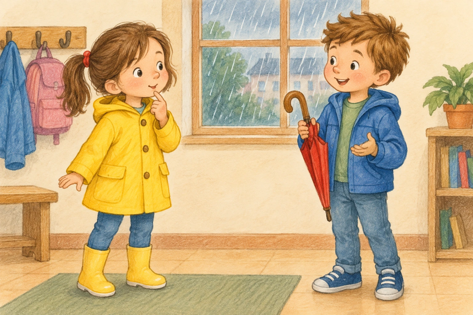 Due bambini parlano in classe; fuori dalla finestra piove e uno tiene un ombrello rosso chiuso.