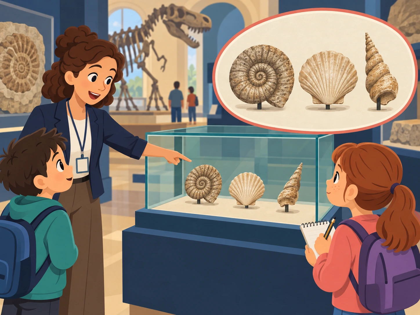 Una guida indica una teca con tre conchiglie fossili distinte; una bambina prende appunti.