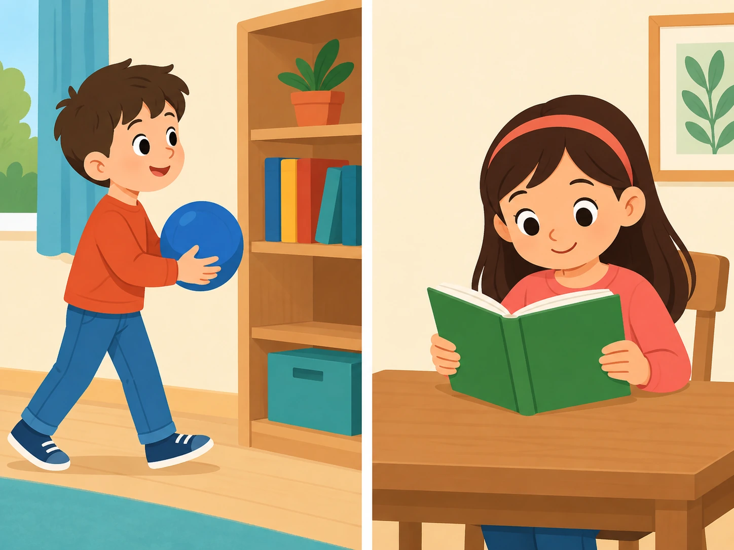A sinistra un bambino porta una palla blu; a destra una bambina legge un libro verde.