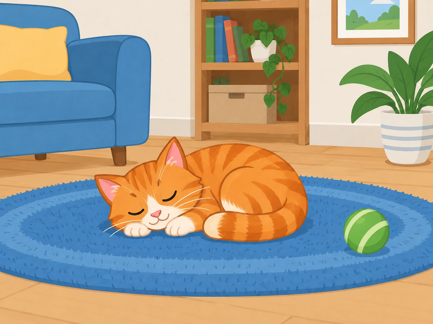 Gatto arancione con occhi chiusi, addormentato su tappeto blu; palla verde ferma accanto.
