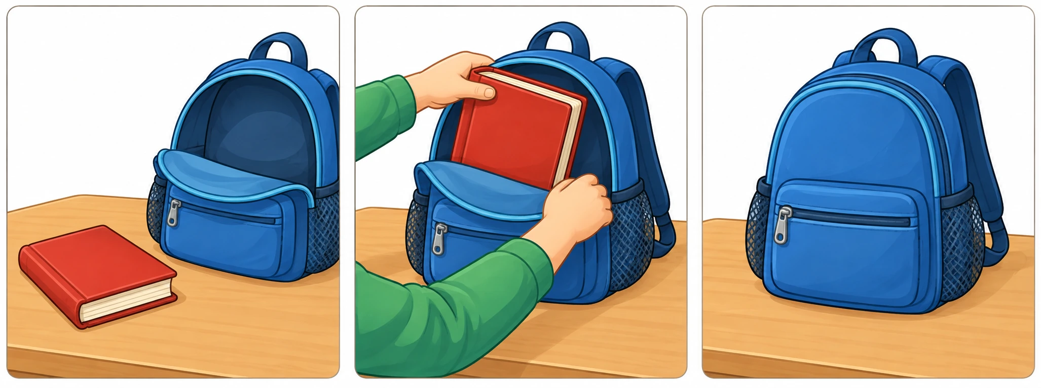 Tre scene: libro rosso fuori, inserimento nello zaino blu, zaino chiuso.