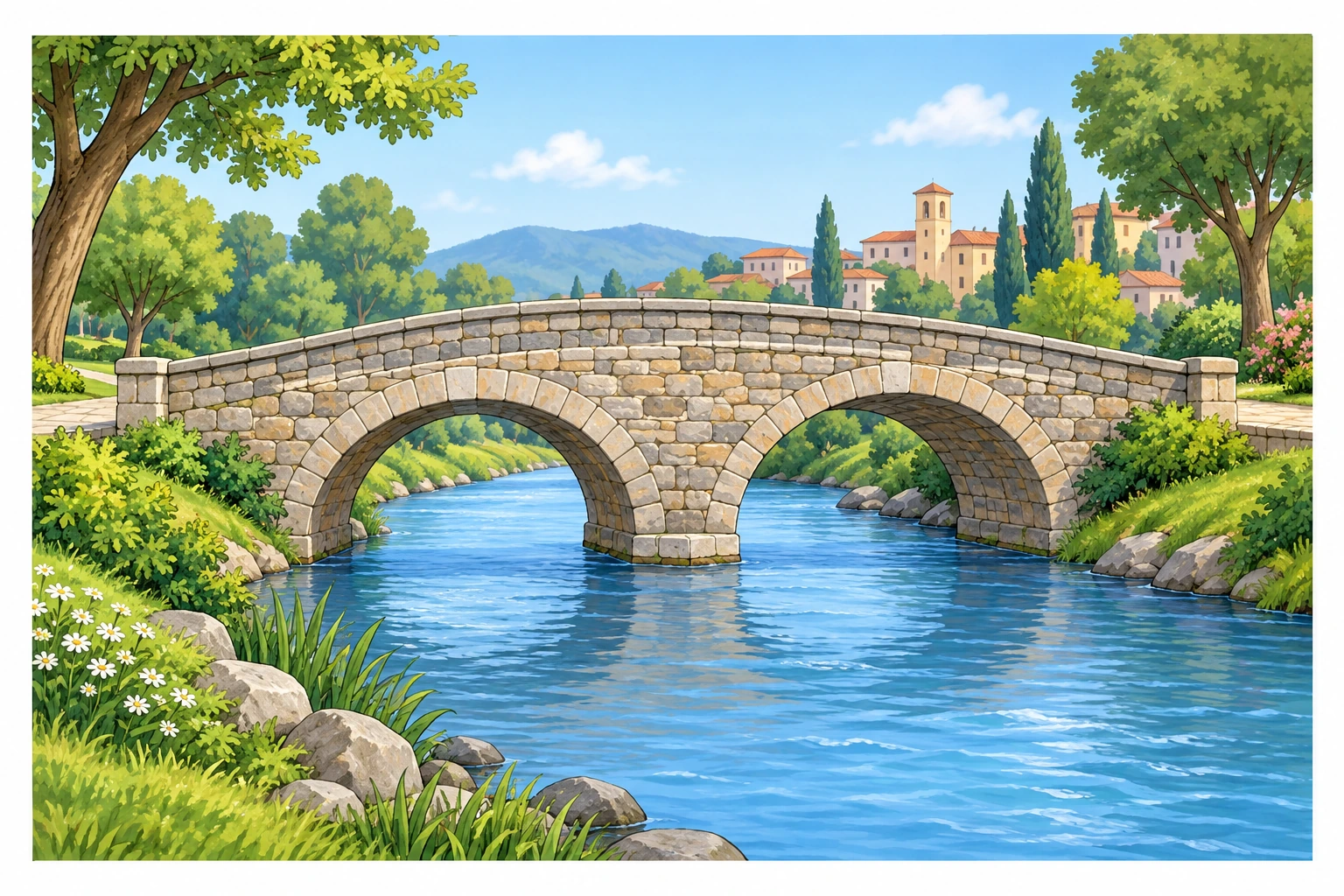 Ponte di pietra inventato con due archi sopra un fiume; nessuna data o città indicata.