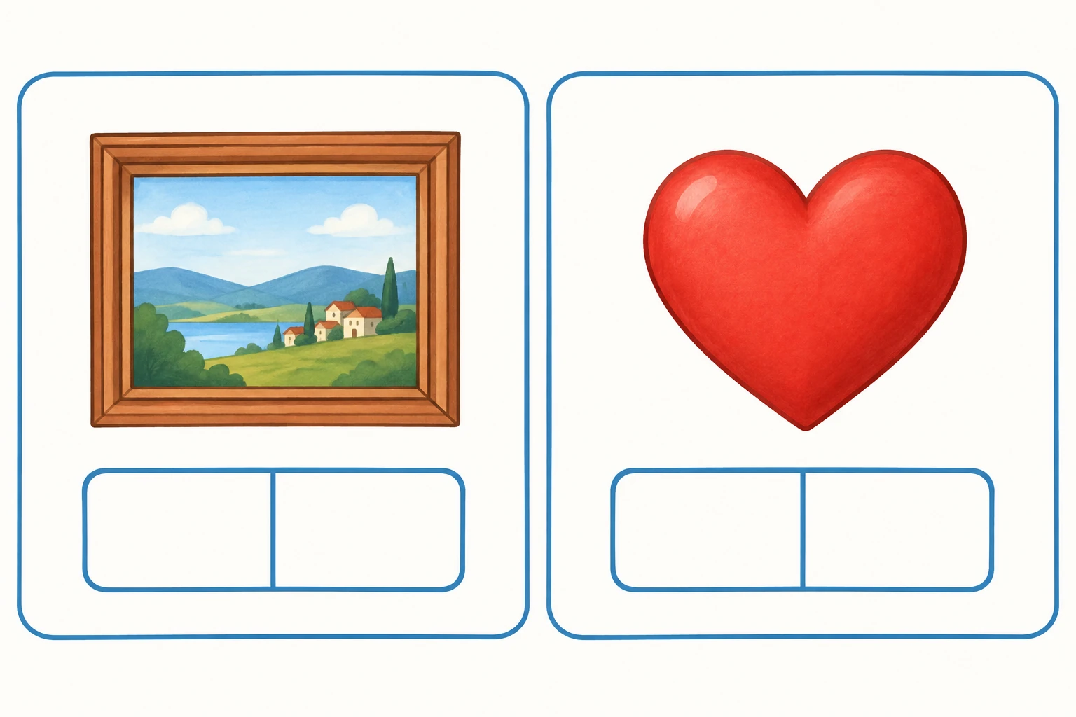 Due cartellini con disegno di quadro e cuore; la sillaba da completare resta vuota.