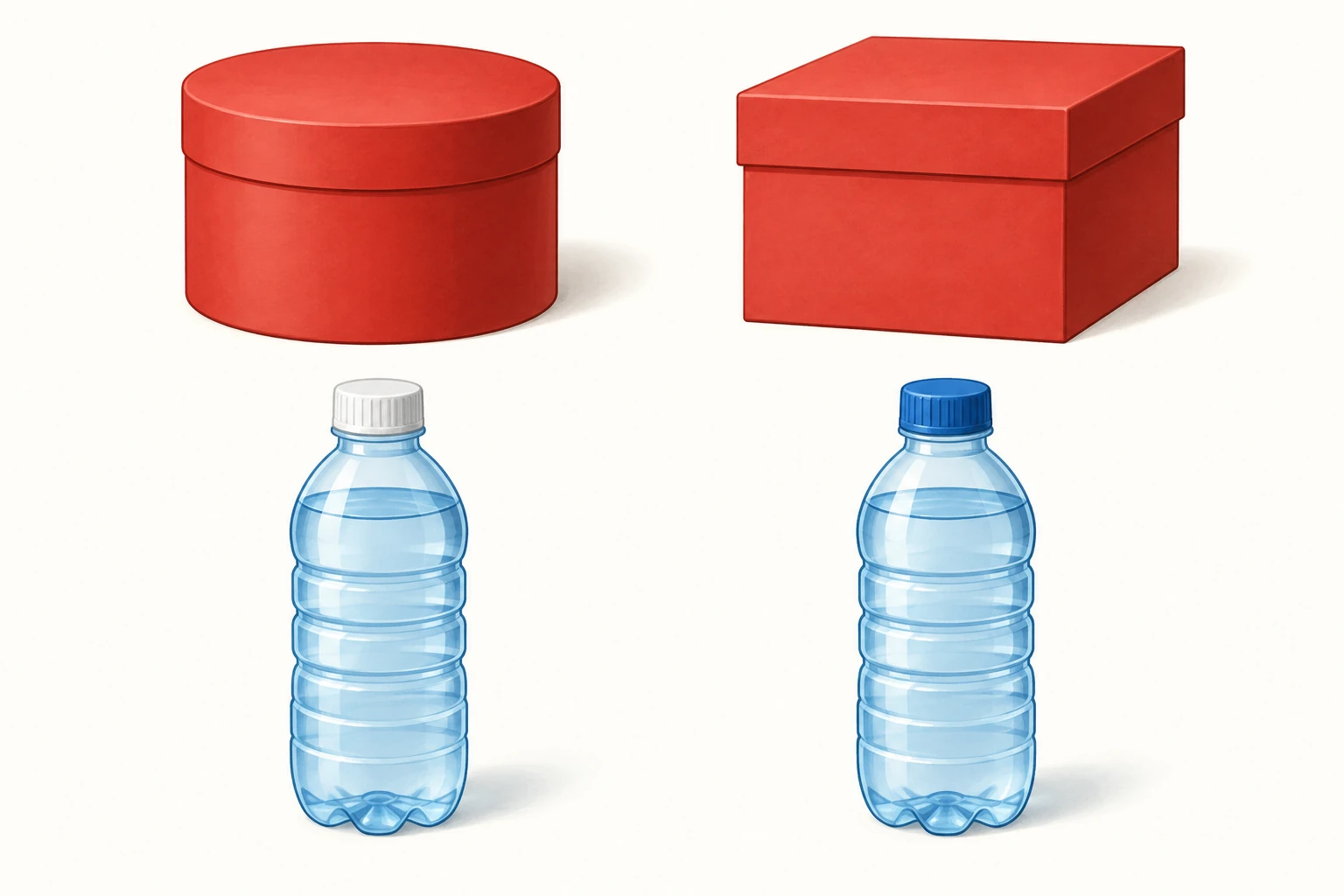 Due scatole rosse con forme diverse e due borracce blu con tappi diversi.