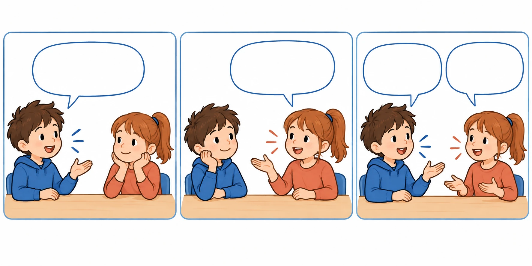 Tre vignette di una conversazione con fumetti vuoti e segnali visivi di turno.