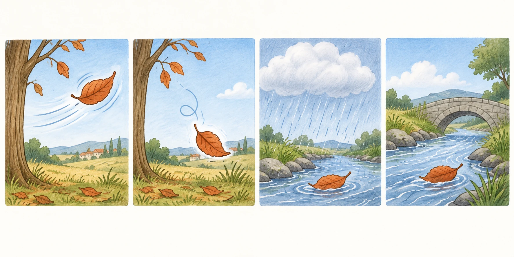 Due coppie di versi illustrate con vento, foglia, nube e ruscello, senza parole evidenziate.