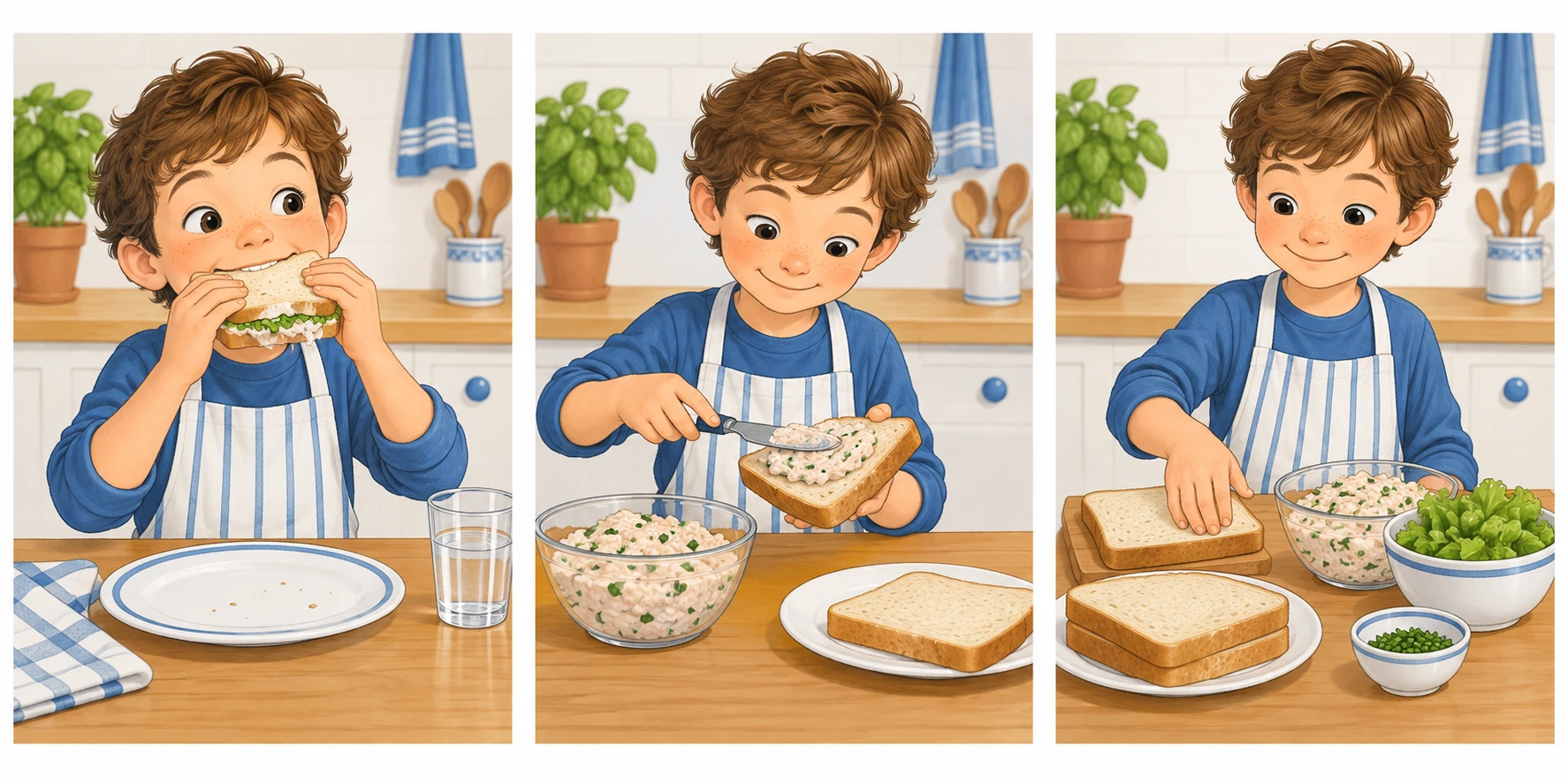 Tre scene di una ricetta semplice senza numeri, con segni temporali da associare.