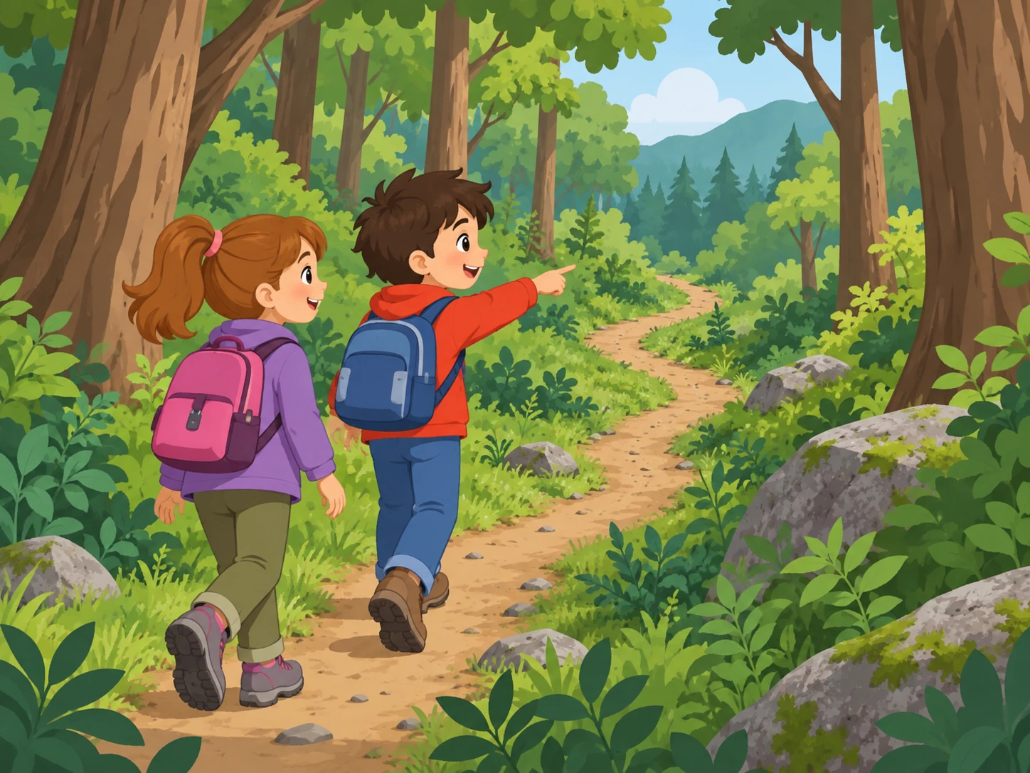 Due bambini camminano su un sentiero stretto di terra che attraversa un bosco.