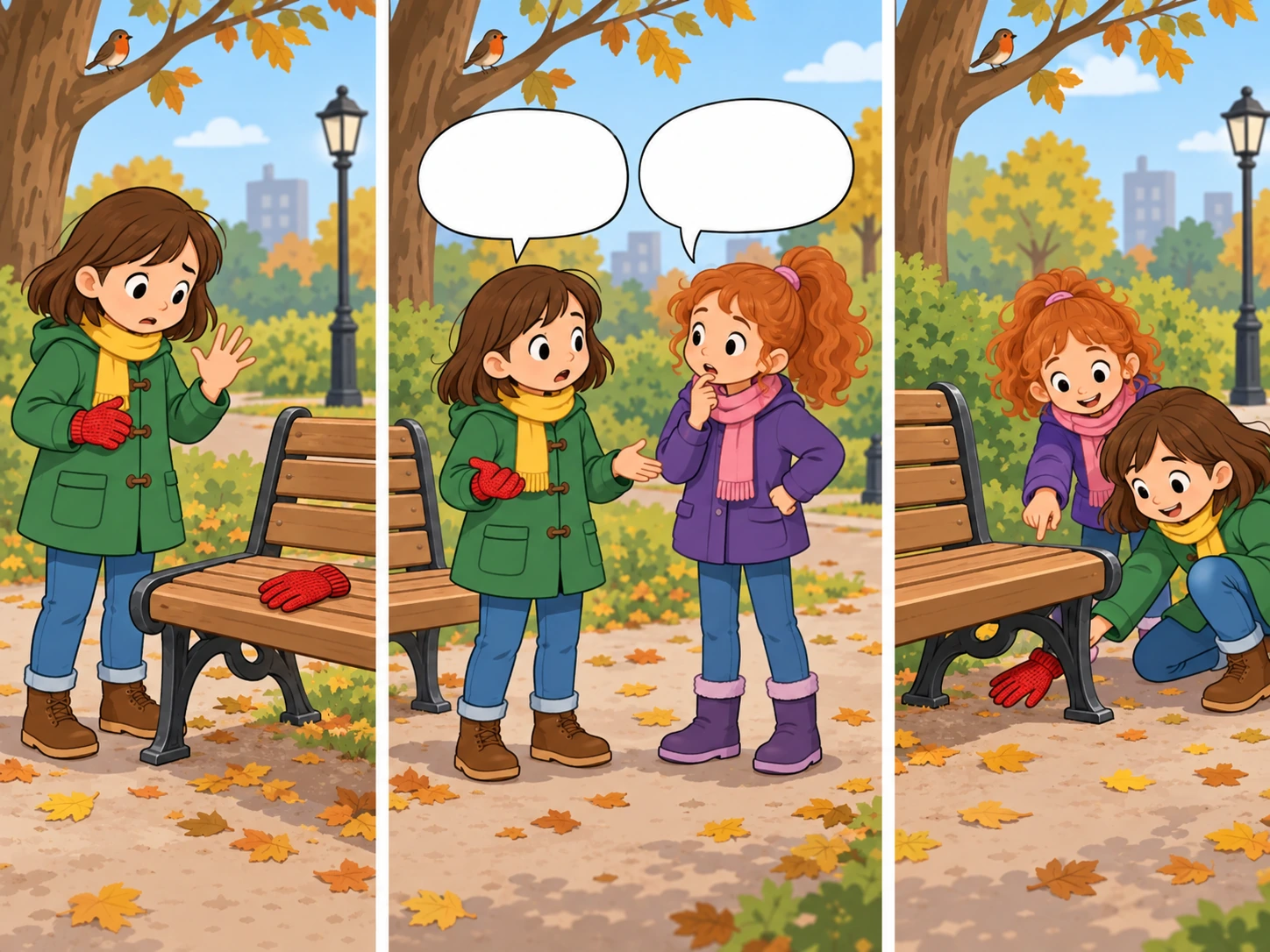 Tre vignette inventate: guanto rosso sulla panchina, due bambine con fumetti vuoti e guanto sotto la panchina.