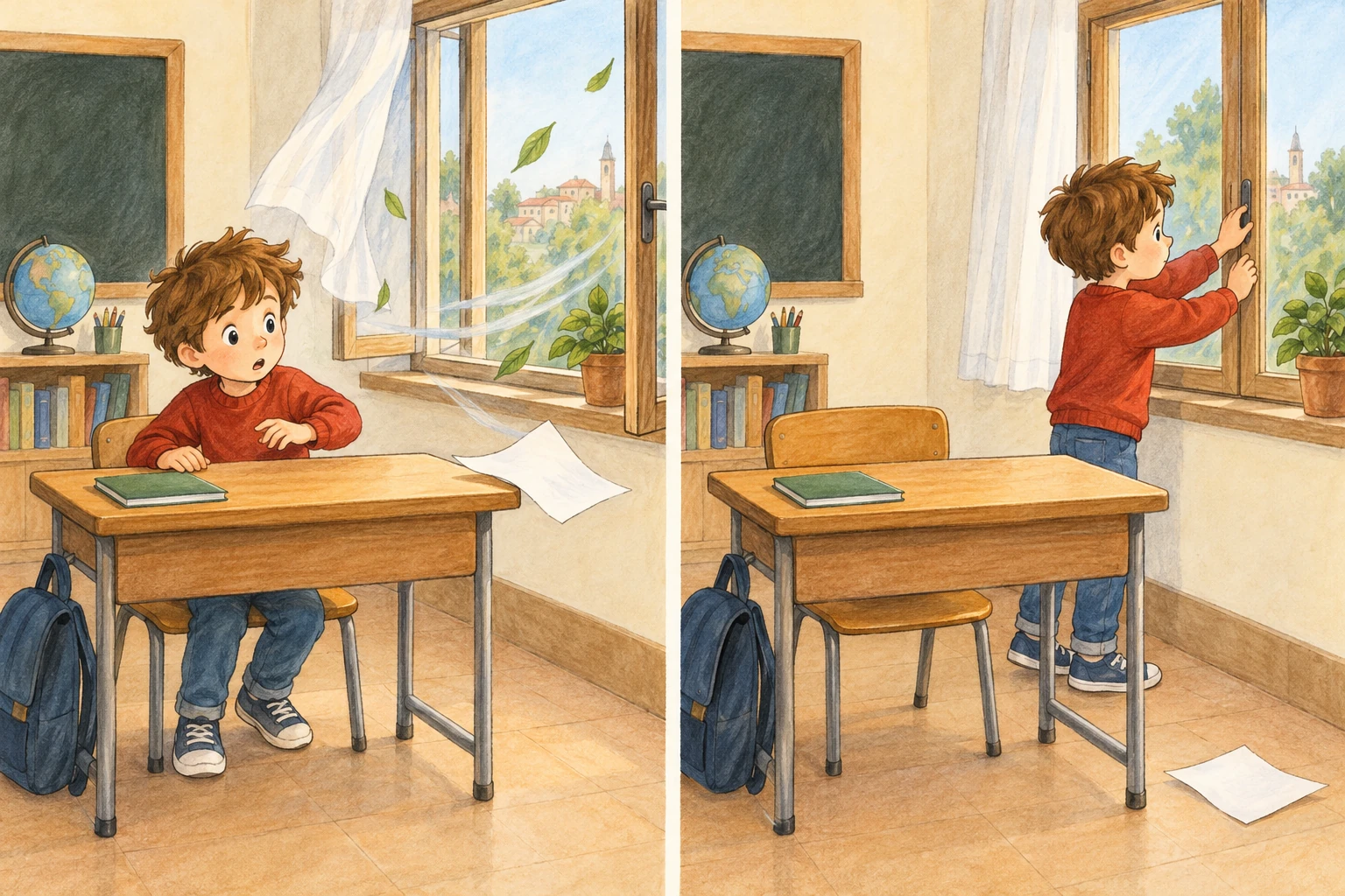 Due scene: vento dalla finestra aperta muove un foglio; Leo chiude la finestra e il foglio è a terra.