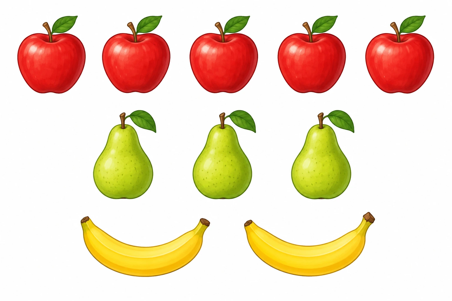 Tre file separate: cinque mele rosse, tre pere verdi e due banane gialle.