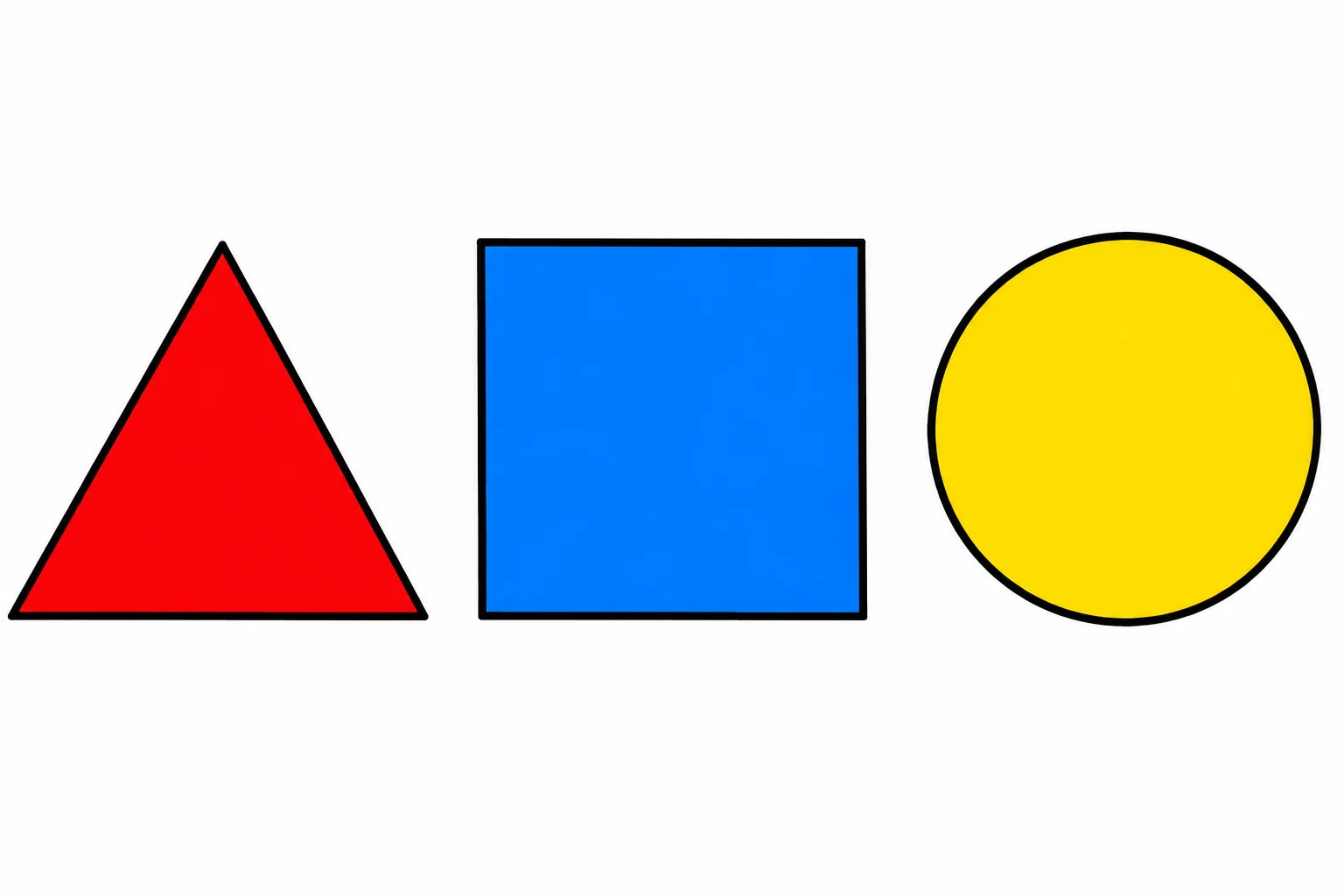Triangolo rosso, quadrato blu e cerchio giallo separati.