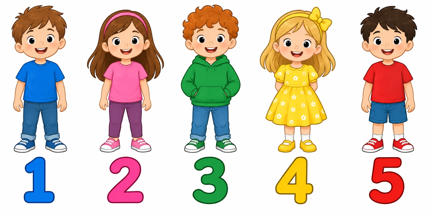 Cinque bambini in fila da sinistra: bambino in verde al terzo posto, bambina in giallo al quarto posto.