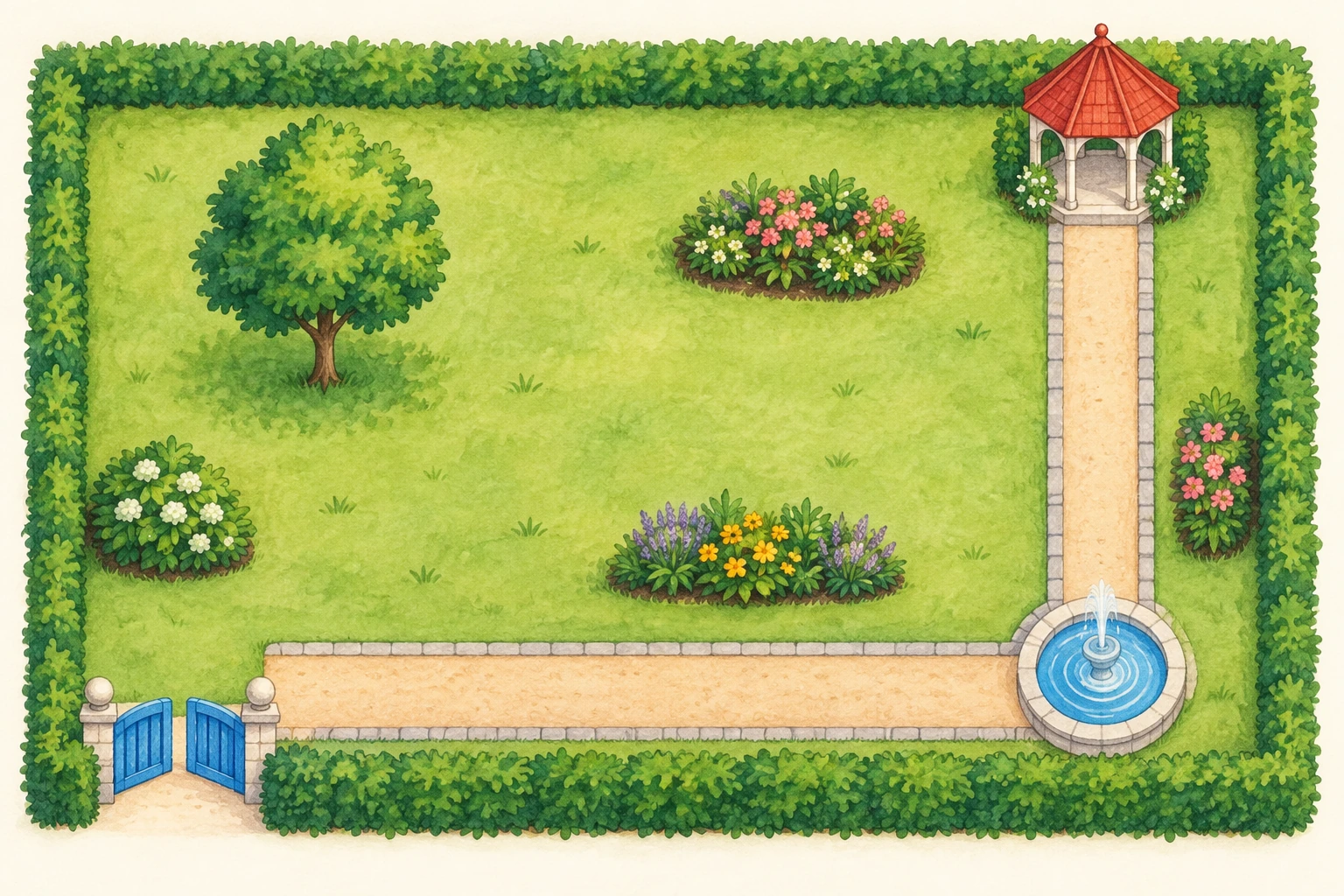 Mappa del giardino: cancello blu in basso a sinistra, sentiero verso la fontana a destra e poi verso il padiglione rosso in alto.