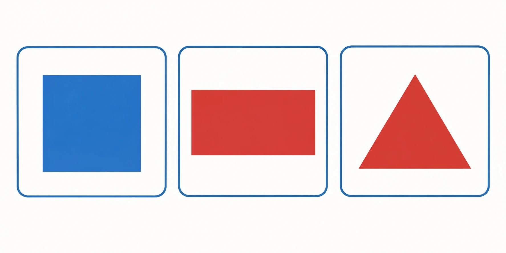 Tre tessere con forme e colori incrociati: quadrato blu, rettangolo rosso, triangolo rosso.