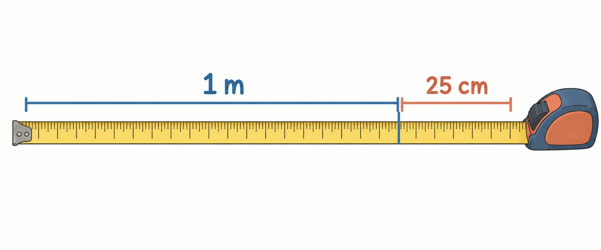 Metro a nastro con un metro intero e altri 25 centimetri segnati separatamente.