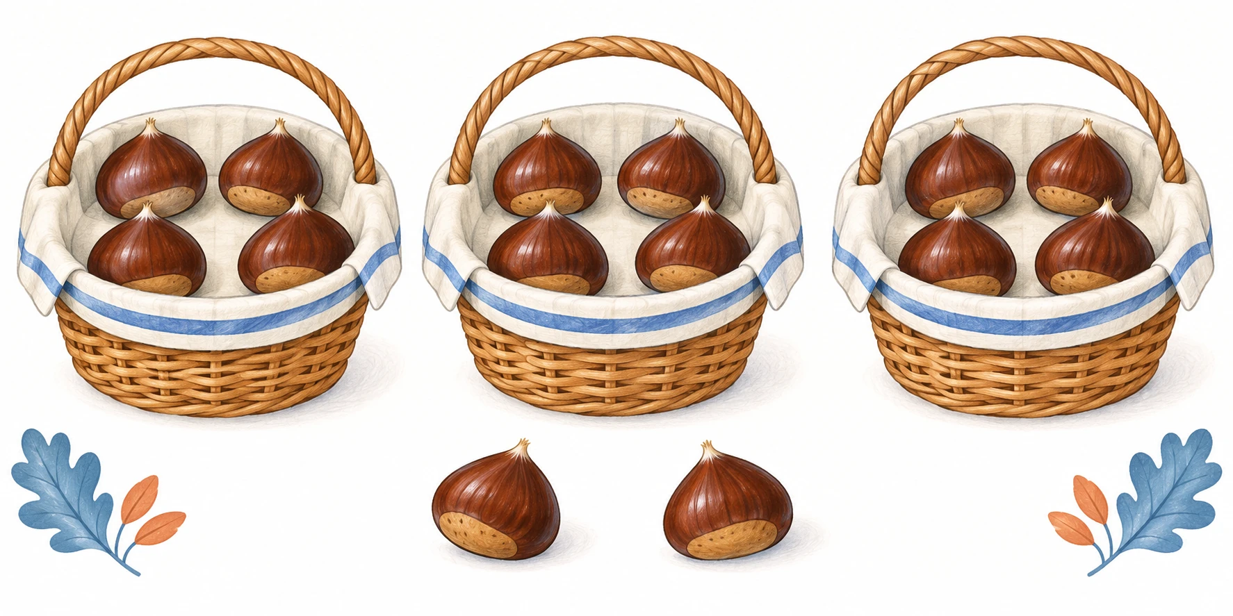 Tre cestini con quattro castagne ciascuno e due castagne fuori, da verificare contando.