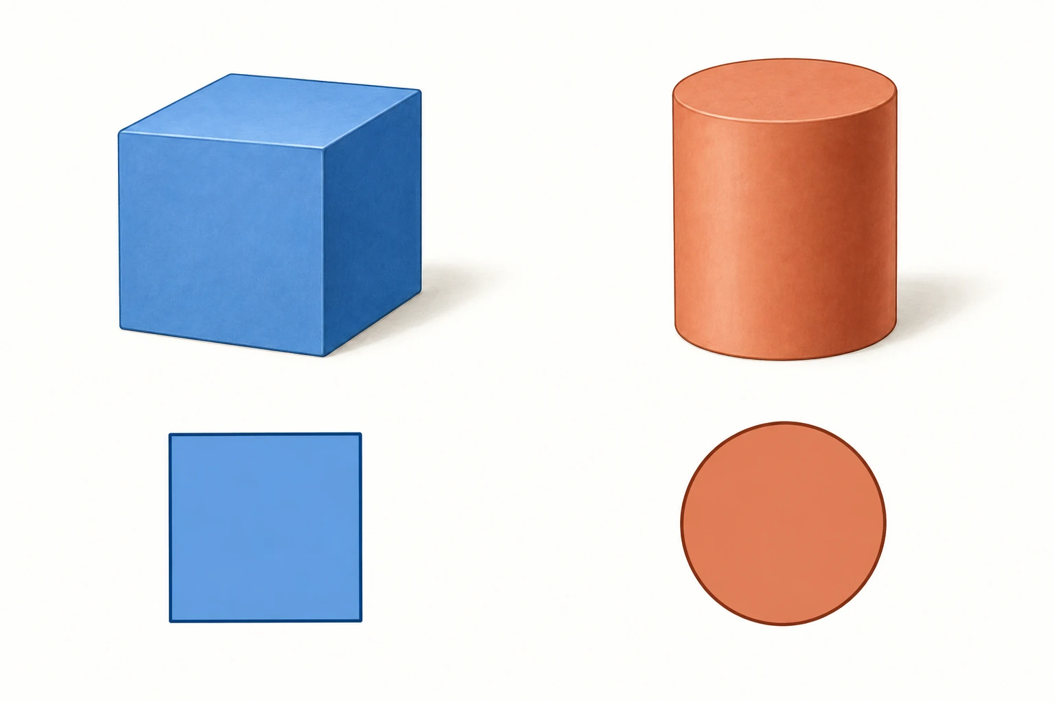 Cubo e cilindro vicini alle impronte della singola faccia, senza collegamenti risolutivi.