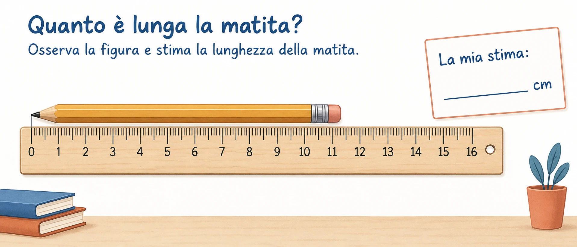 Matita accanto a righello da 0 a 16 cm e cartellino separato per la stima.