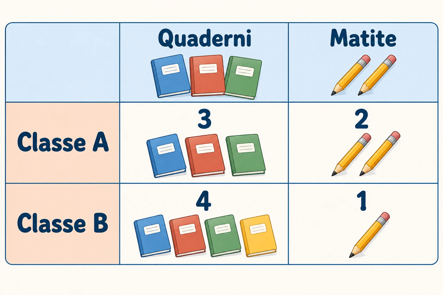 Tabella 2×2 con righe delle classi e colonne di materiali, numeri leggibili.