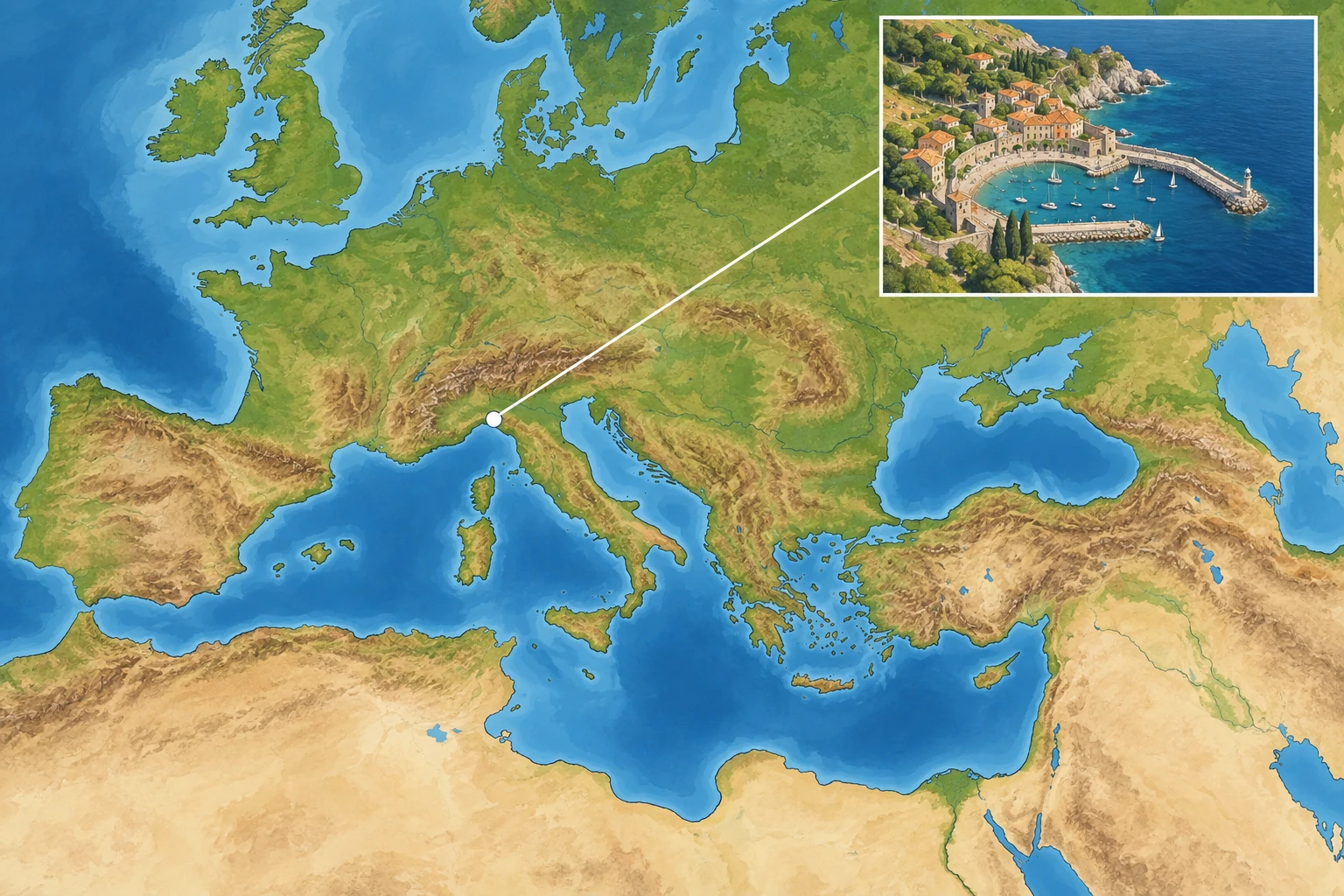 Illustrazione didattica di europa e mediterraneo: cambiare scala; Carta illustrativa, non base metrica o politica.