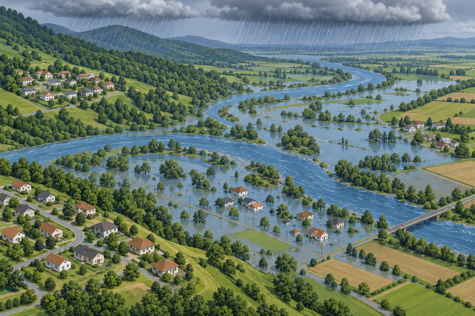 Illustrazione didattica di leggere il rischio di alluvione; Non usare l'immagine per sicurezza reale o classificazioni ufficiali.