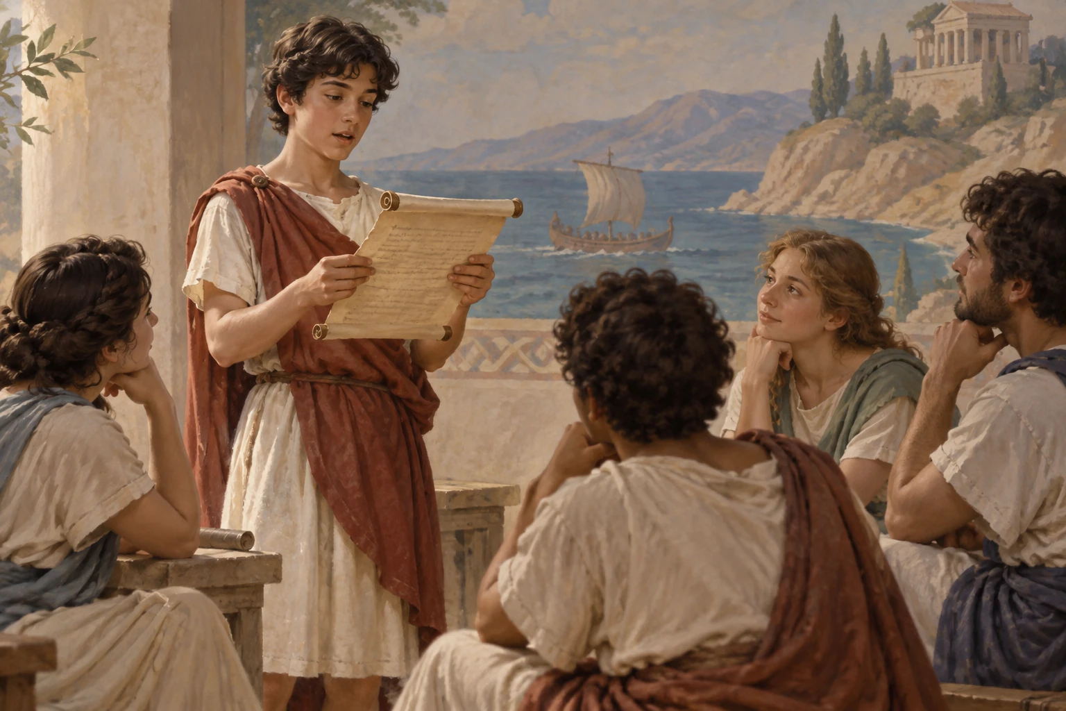 Illustrazione didattica di leggere un episodio epico ad alta voce; Scena evocativa, non rappresentazione di un'epica storica specifica.